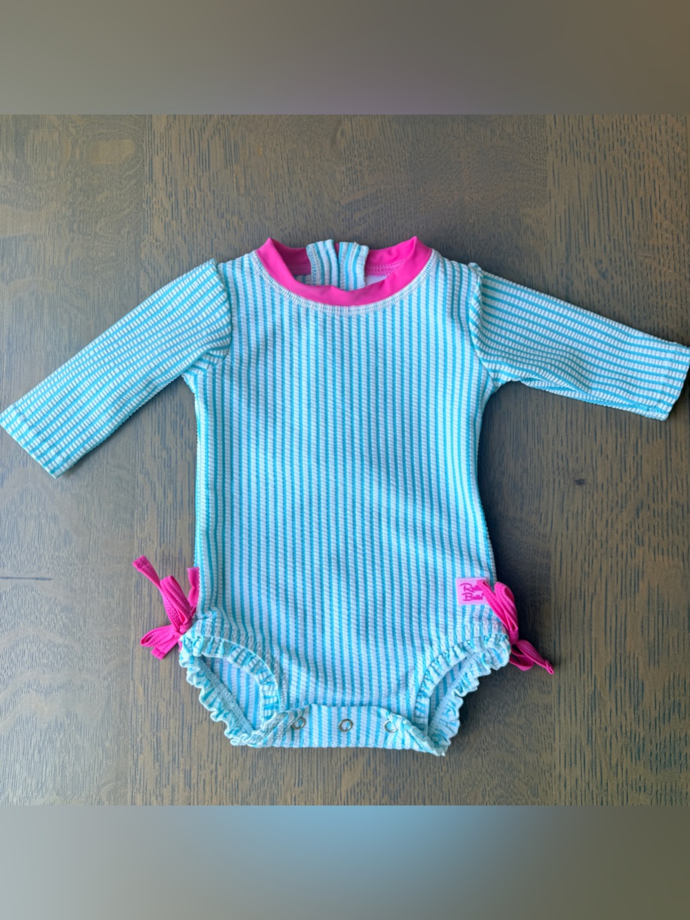 Ruffle Butts Baby Swimsuit-  Teal & Pink Seersucker - 0-3 M
